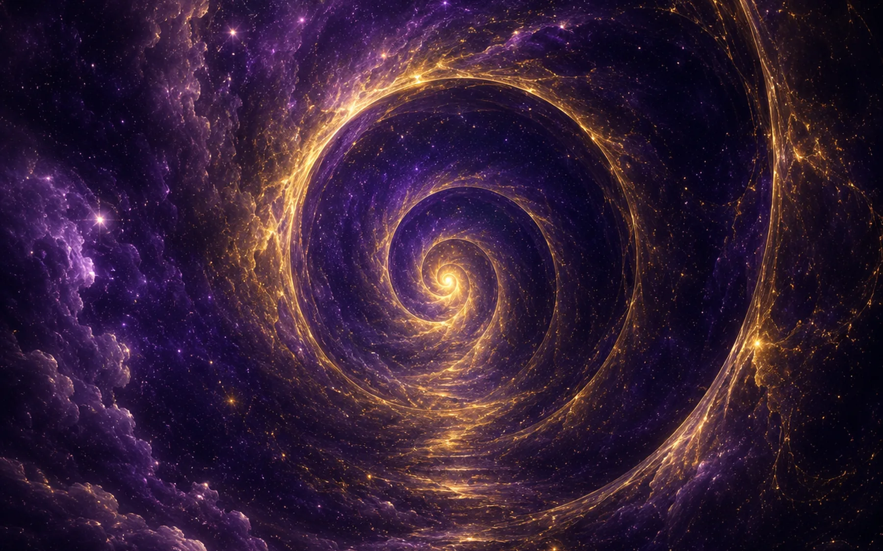 A vast purple and gold cosmic vortex opening across a field of stars