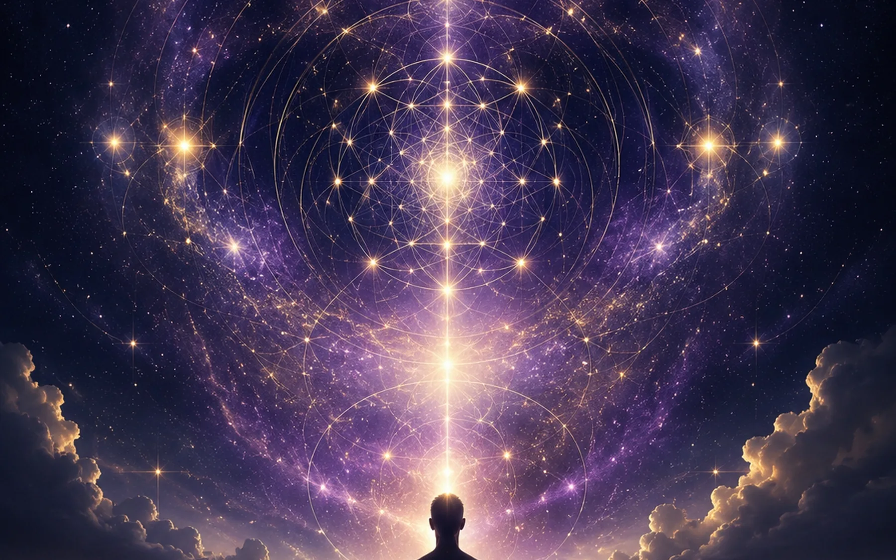A luminous soul ascending through layers of purple and gold cosmic light