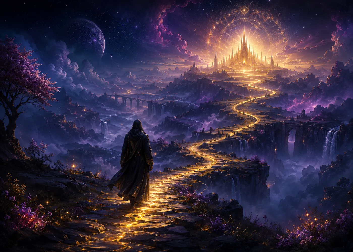 A traveler following a golden path through a fractured purple landscape toward a luminous city