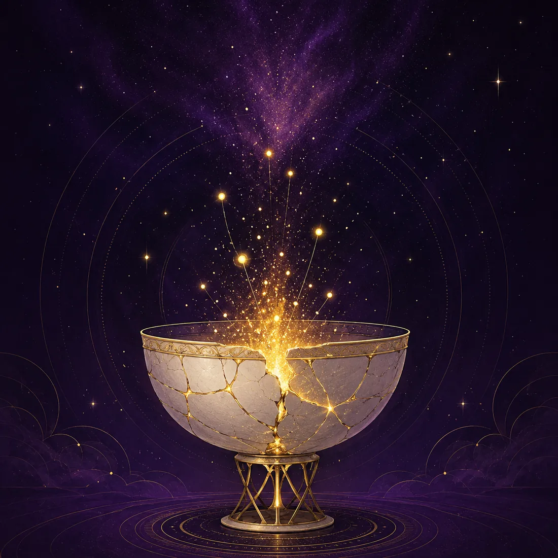 A cracked sacred vessel releasing hidden golden sparks into a purple cosmos