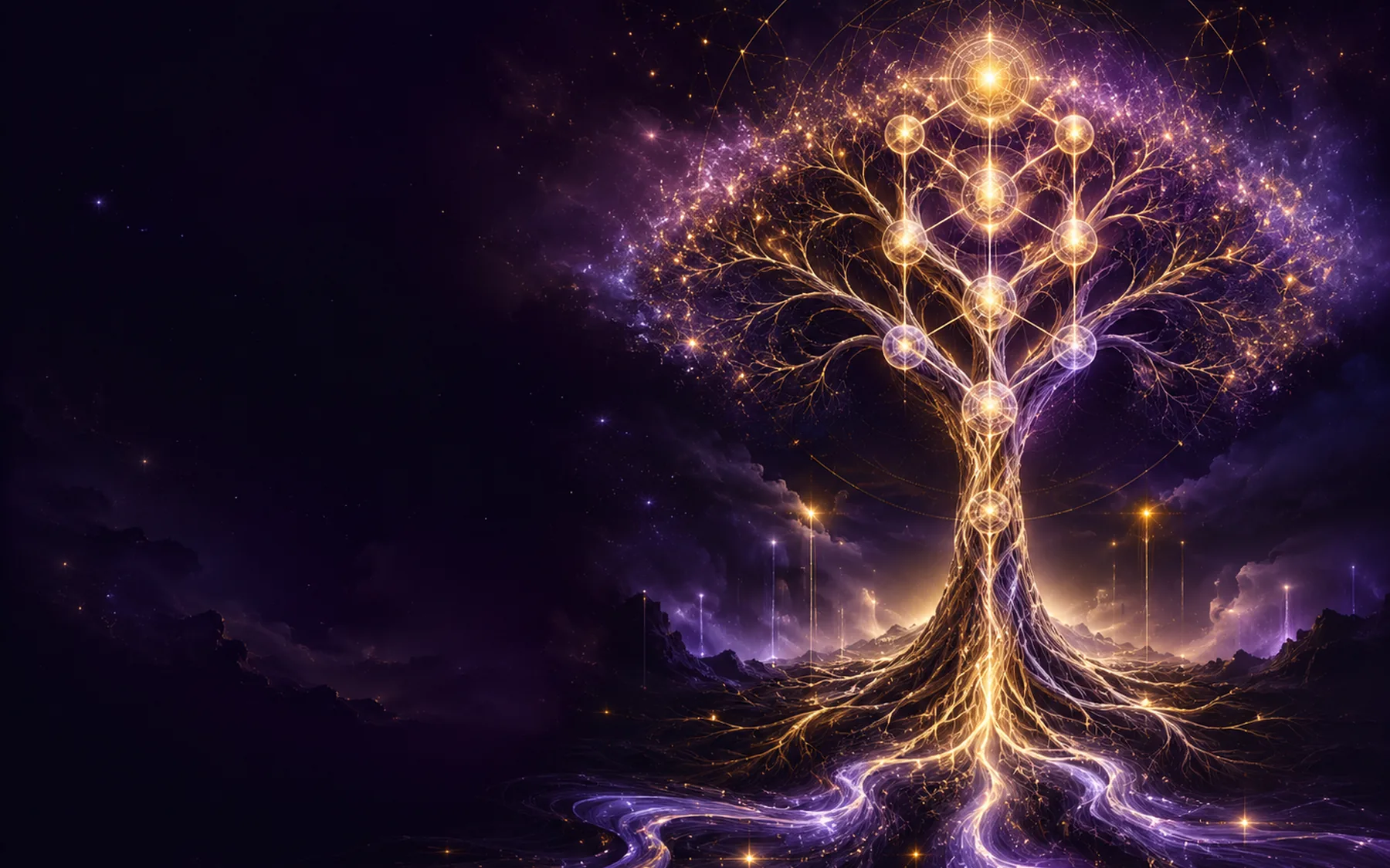 A luminous cosmic Tree of Life with golden roots spreading through purple starlight