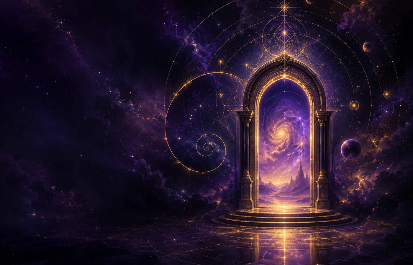 An ornate mystical doorway opening from darkness into a luminous cosmic landscape