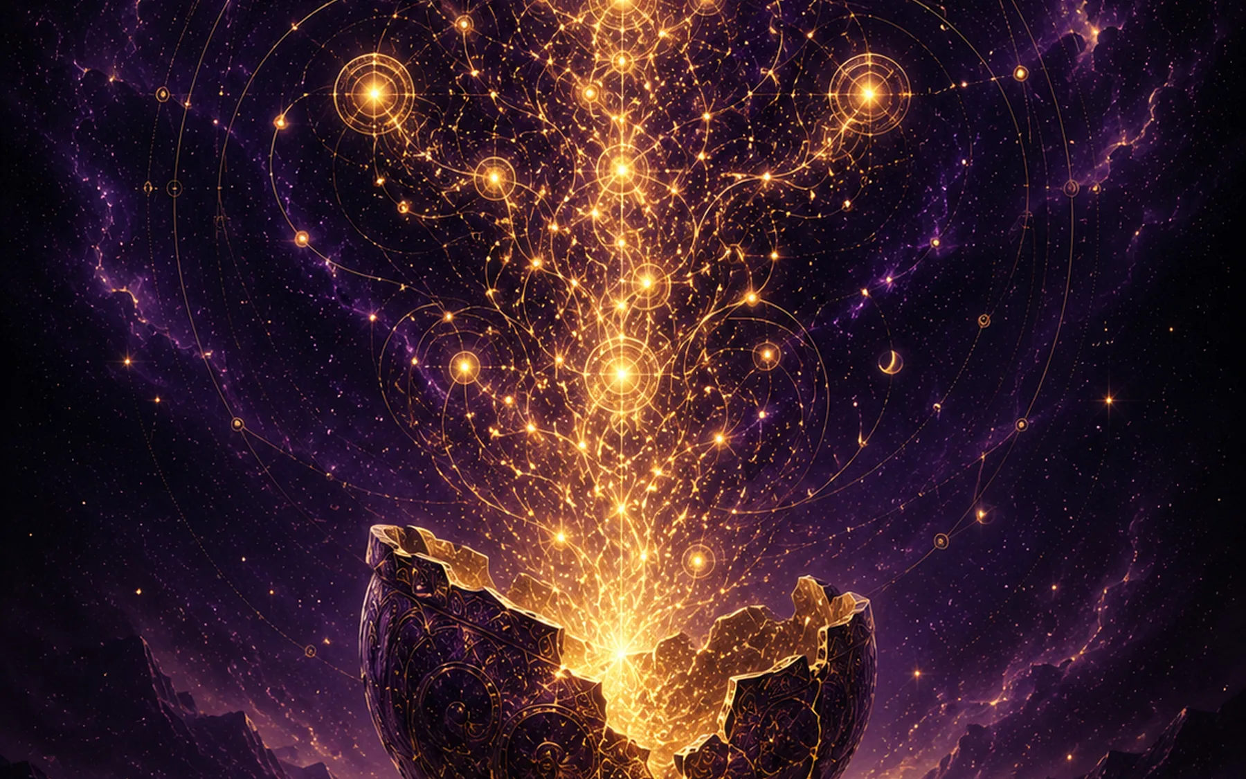 A luminous human silhouette standing before an immense purple and gold cosmic consciousness